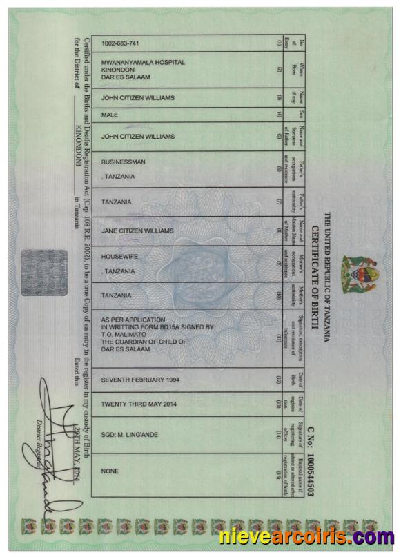 TANZANIA birth cert, version 2